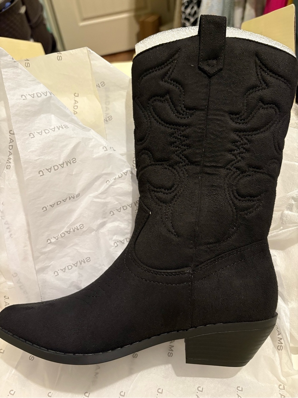 Black Suede Western Mid-Calf Boot with Embroidered Shaft